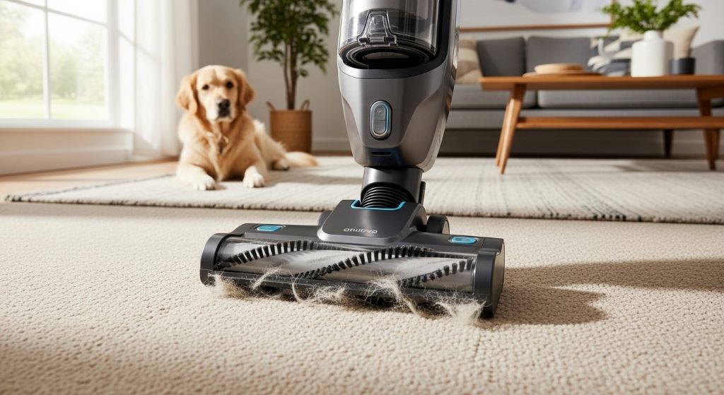 Modern vacuum cleaner with specialized brush roll removing pet hair from beige carpet in living room with dog nearby