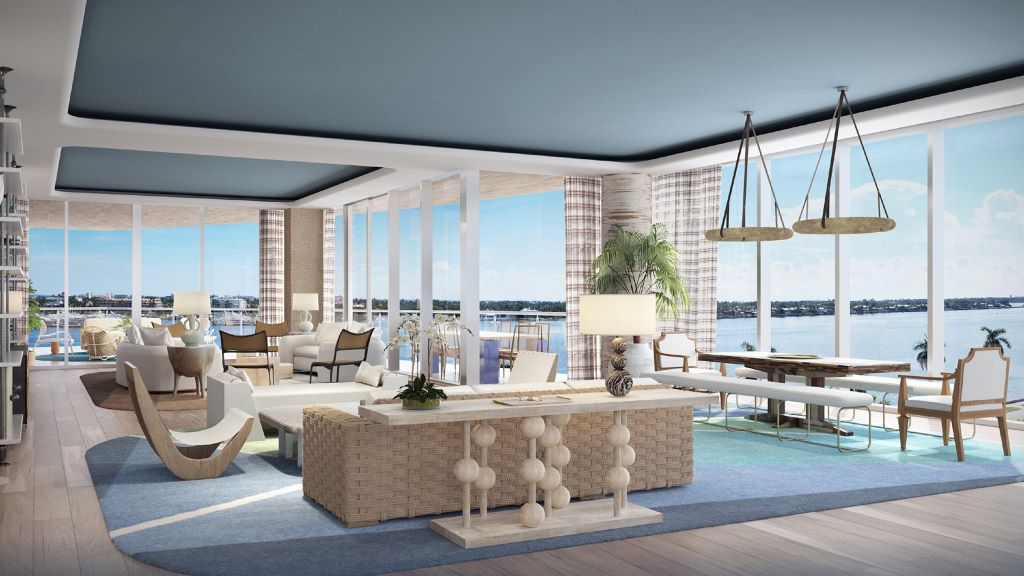 Stylish Florida home decorated in Miami coastal theme featuring ocean colors, natural textures, and relaxed modern design