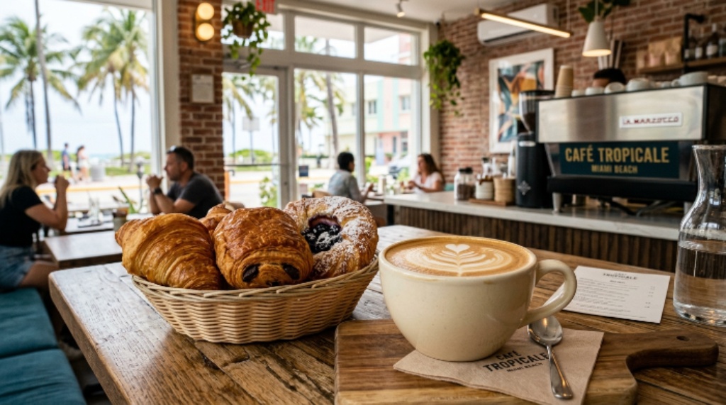 Freshly brewed coffee and pastries served at one of the best coffee shops in Miami Beach
