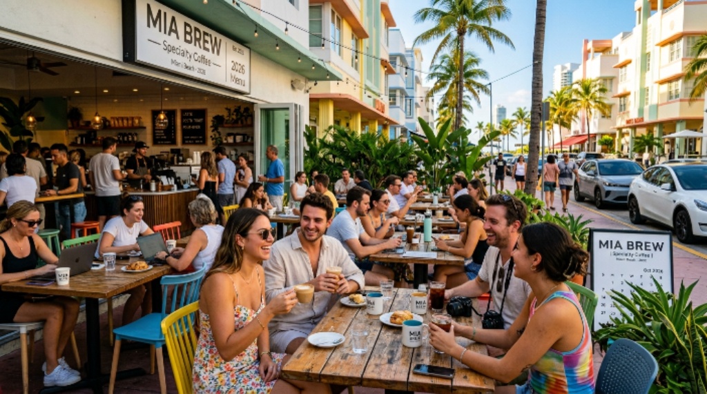 Locals and visitors enjoying specialty coffee at a popular Miami Beach café in 2026