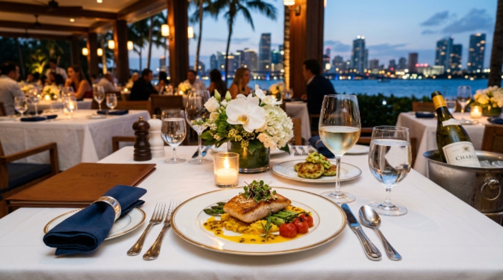 Delicious gourmet dinner served at one of the best restaurants in Miami with elegant table setting