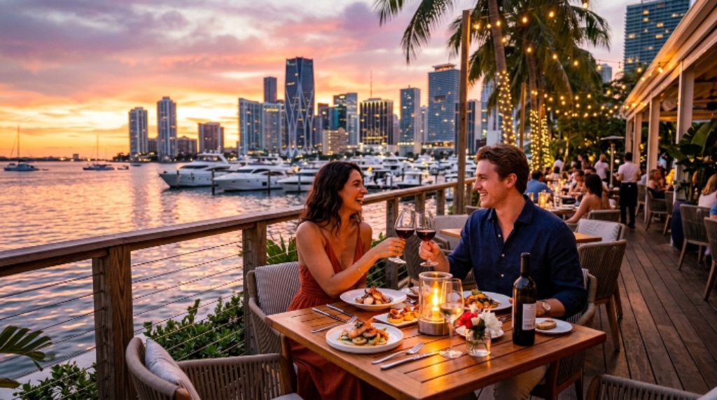 Couple enjoying dinner at a stylish waterfront restaurant in Miami at sunset