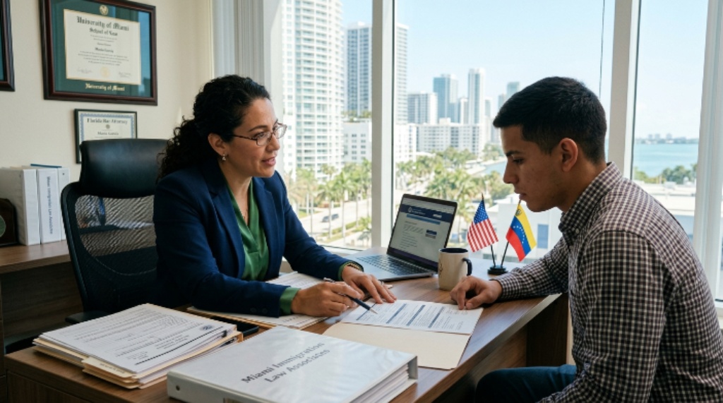Immigration lawyer in Miami meeting with a client in South Florida office