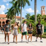 Students walking across the campus of a top-rated school in Miami on a sunny day