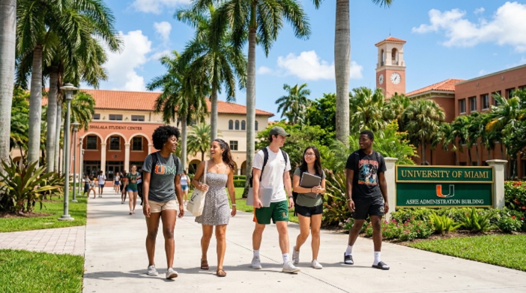 Students walking across the campus of a top-rated school in Miami on a sunny day