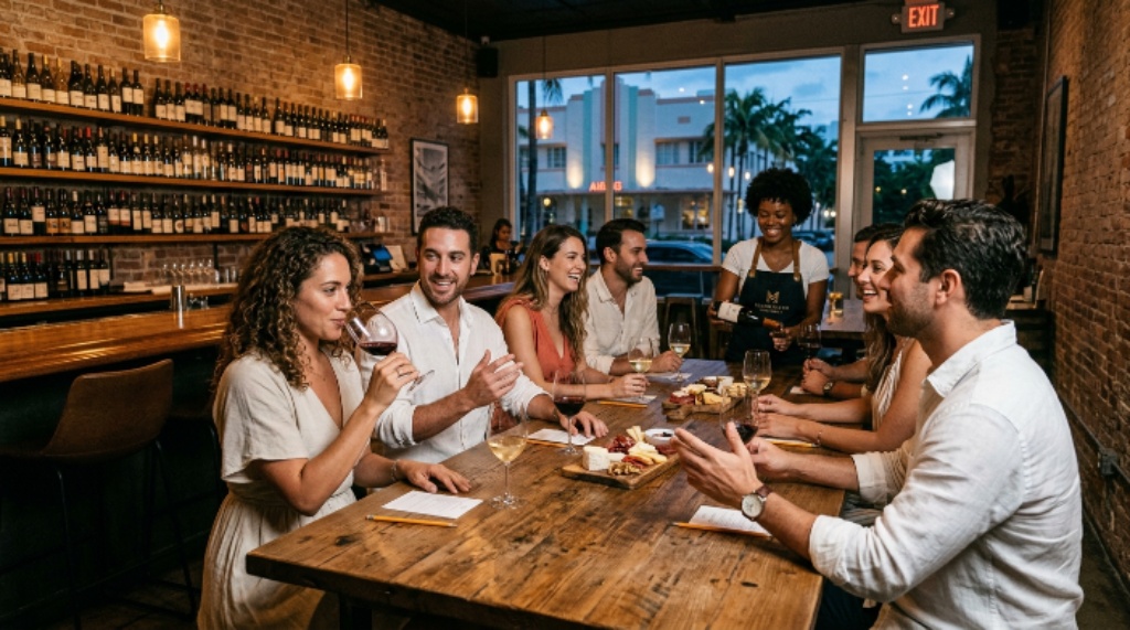Guests enjoying wine tasting at one of Miami's top wine bars