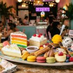 A colorful dessert platter featuring cakes, pastries, and ice cream at a popular Miami dessert shop