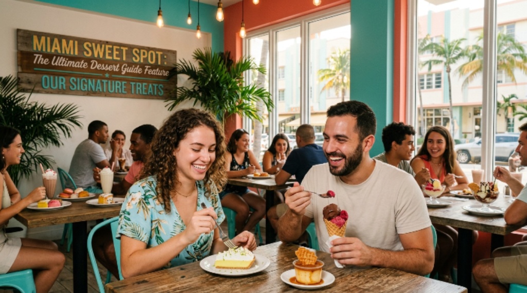 Customers enjoying signature desserts at one of Miami's top-rated sweet spots featured in the ultimate dessert guide.