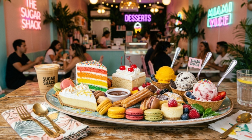 A colorful dessert platter featuring cakes, pastries, and ice cream at a popular Miami dessert shop