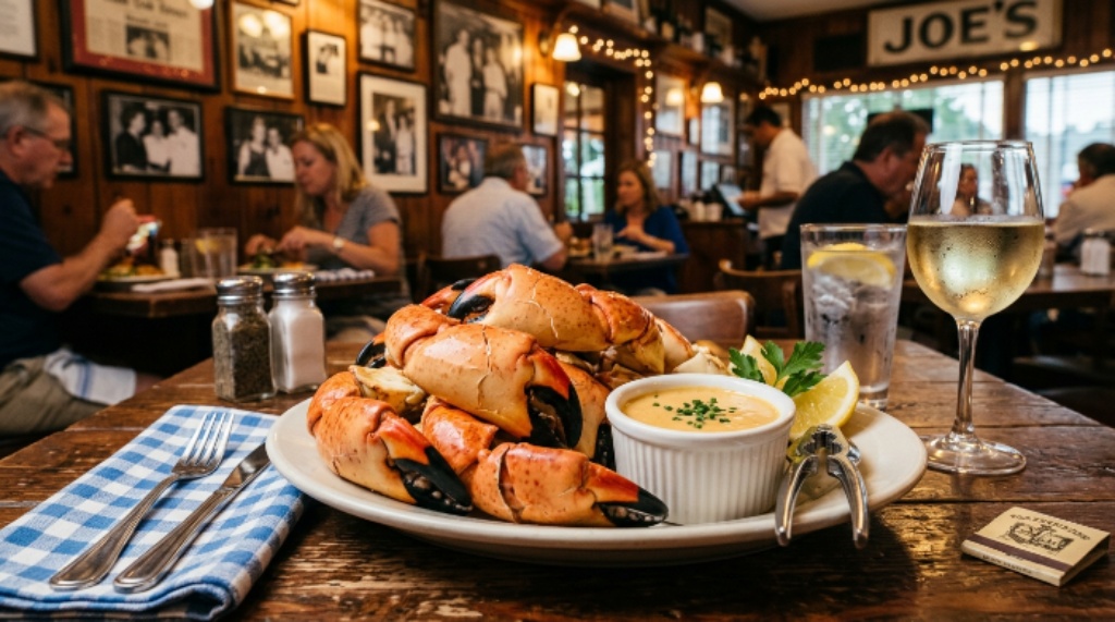 Fresh stone crab claws served at a historic Miami seafood restaurant with signature dipping sauce