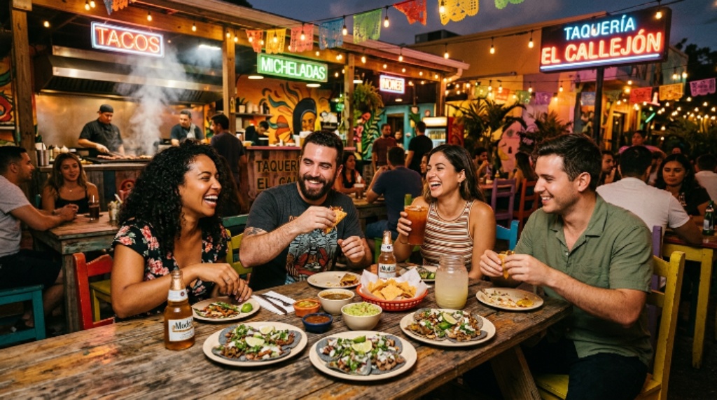 Friends enjoying authentic tacos at a hidden local taco spot in Miami during an evening meal