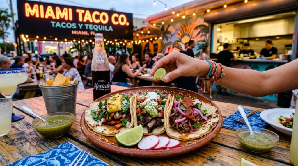 Colorful street tacos served at a popular Miami taco restaurant with fresh toppings and salsa