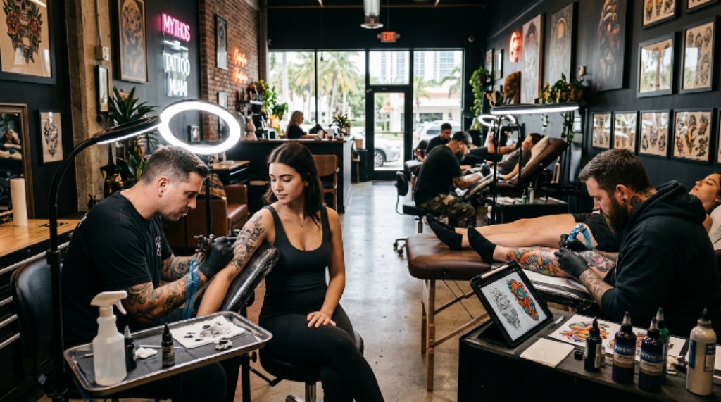 Modern Miami tattoo studio with artists working on custom tattoo designs