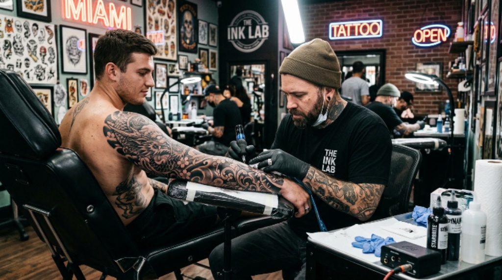 Tattoo artist creating a detailed black and gray sleeve at a Miami tattoo shop