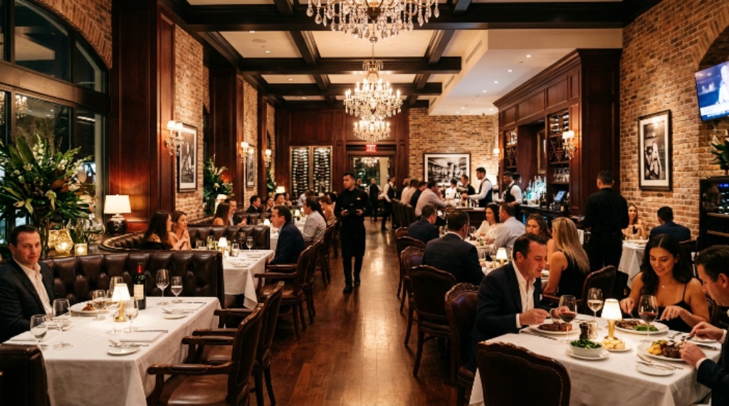 Prime 112 steakhouse dining room in Miami Beach with elegant seating and upscale atmosphere