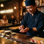 Sushi chef preparing fresh nigiri at a hidden speakeasy-style sushi bar in Miami