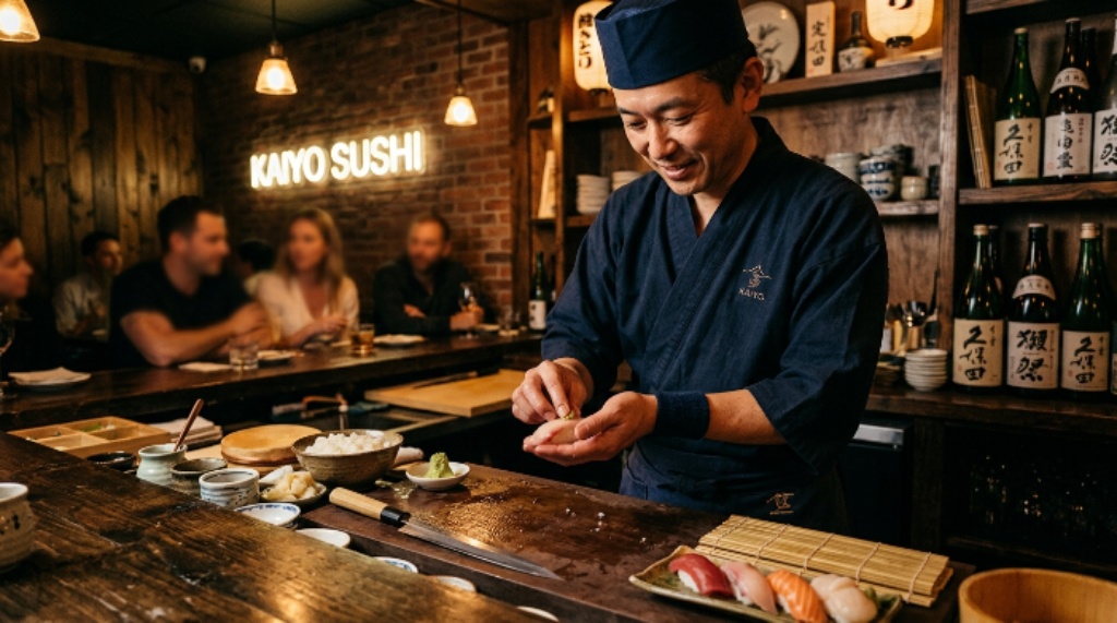 Sushi chef preparing fresh nigiri at a hidden speakeasy-style sushi bar in Miami