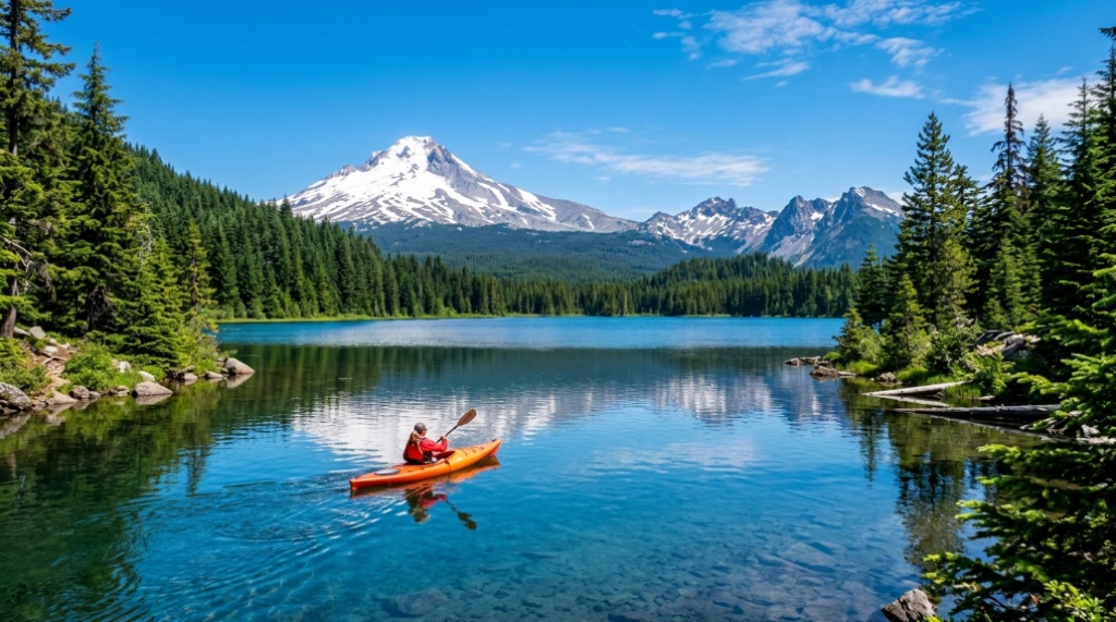 Stand-up paddleboarder navigating a scenic river canyon in Oregon. 
